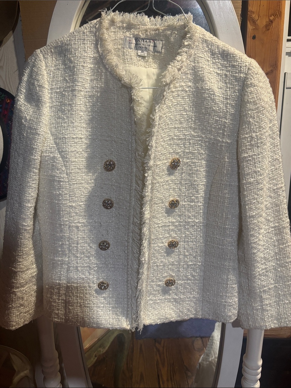 Tahari Cream Bouclé Double-Breasted Fringe Jacket